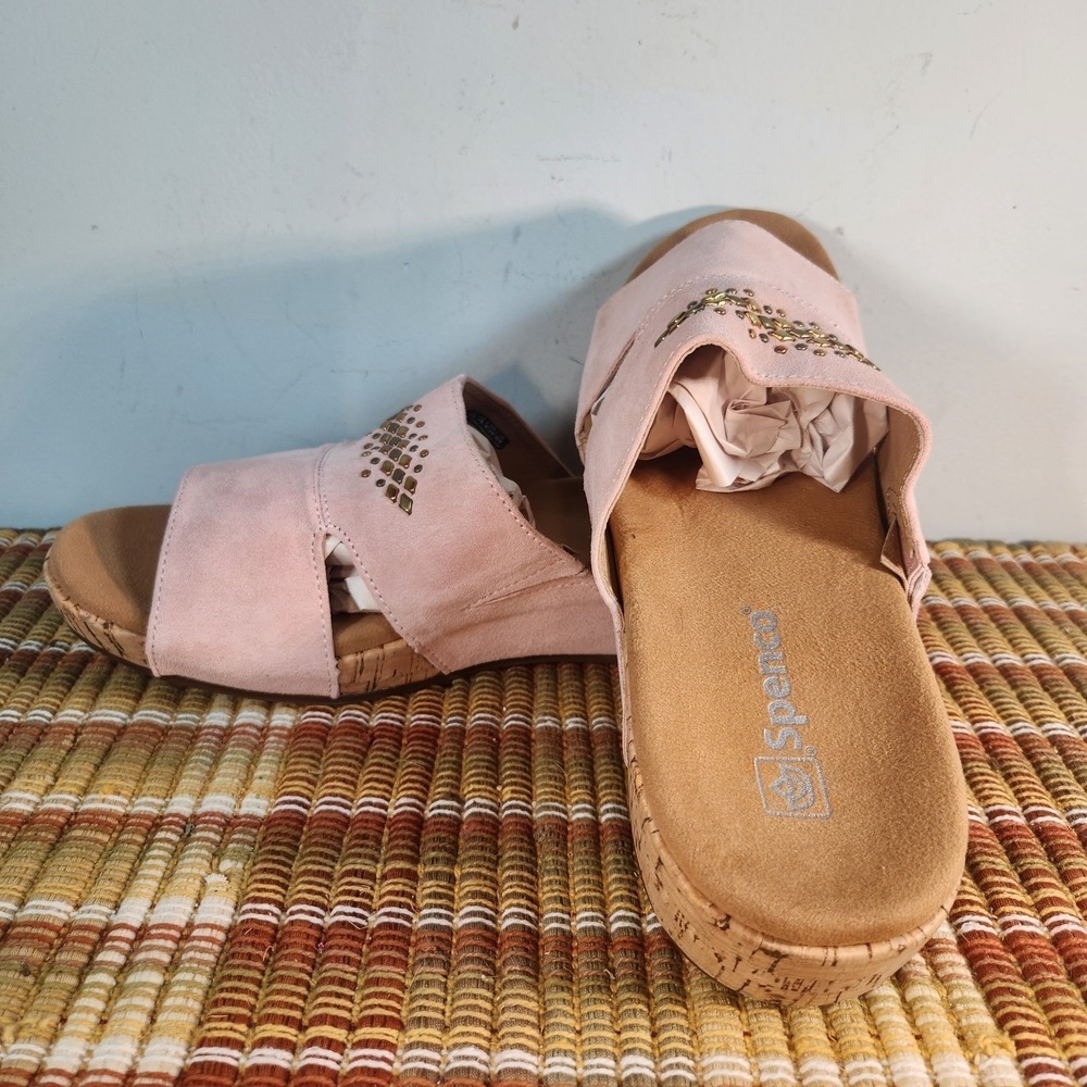 Spenco Women's Pink Suede Slide Sandals Size 11 – Cork Wedge Comfort Slides Gold - Picture 3 of 4